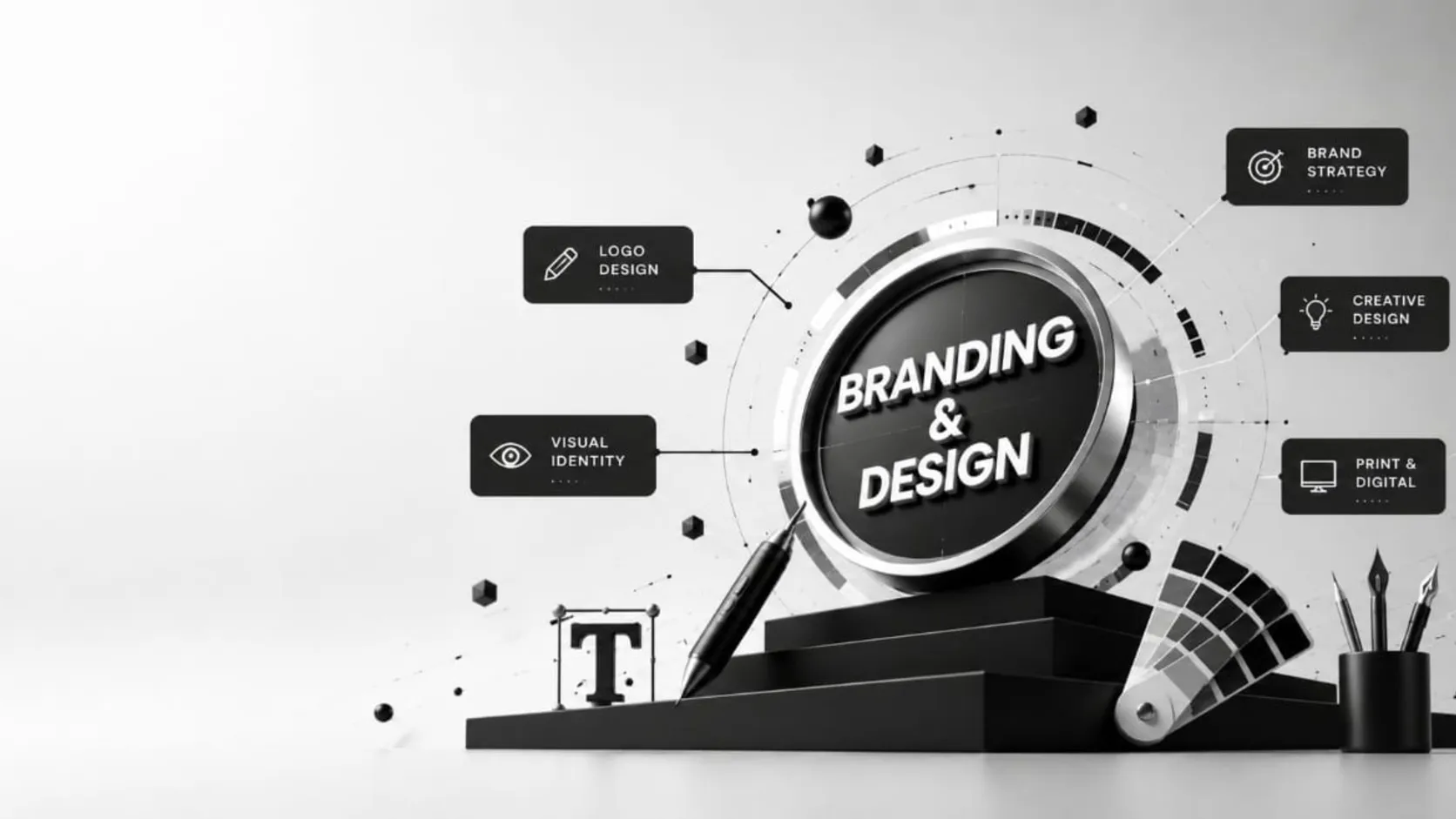 3D branding badge with logo design, visual identity, pen and colour swatches