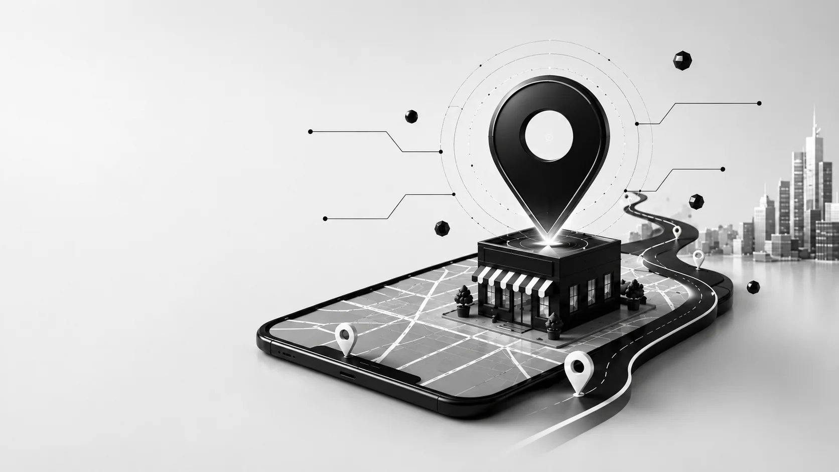 3D map pin rising over a storefront on a phone map