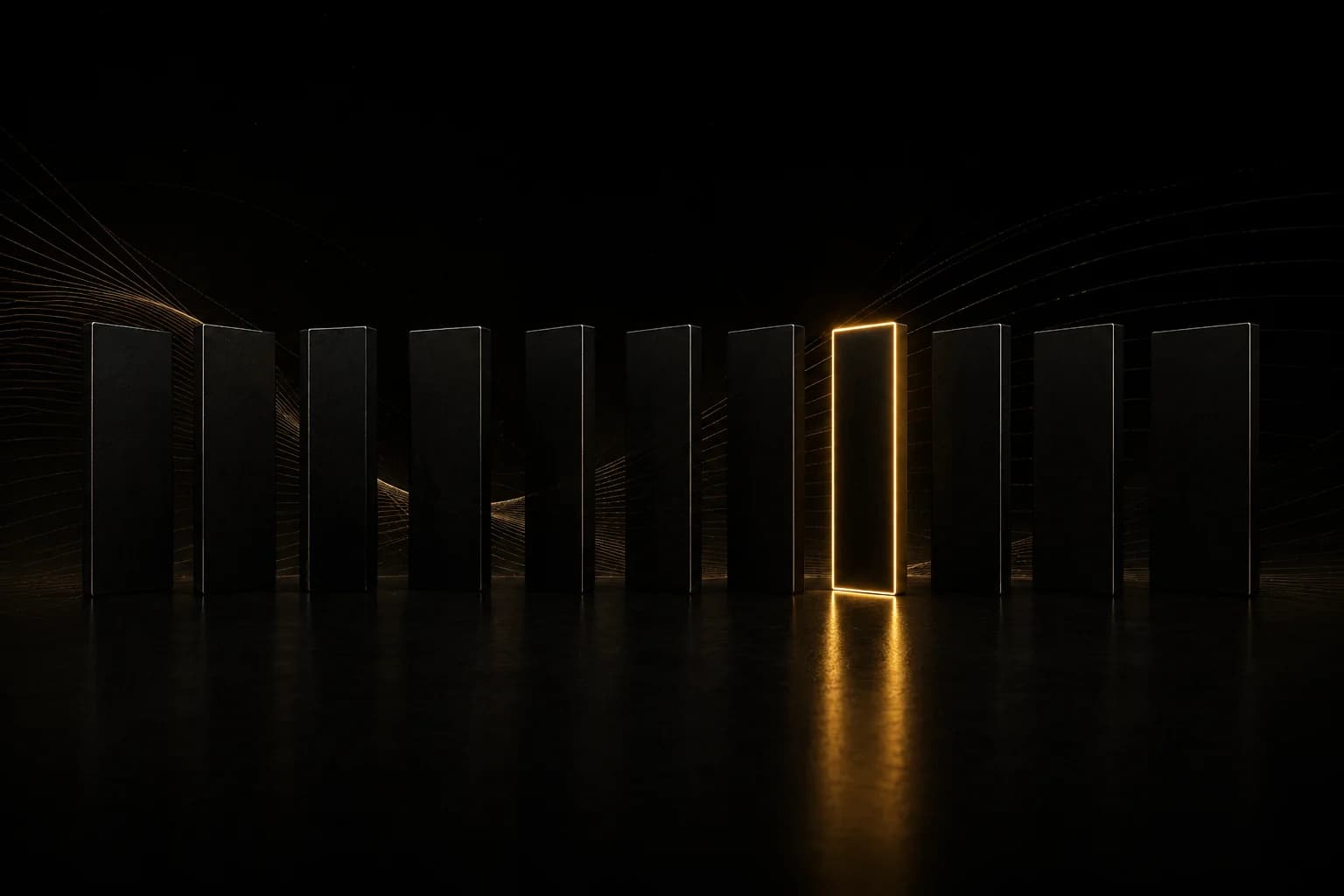 Ten identical dark slabs with one carrying a glowing gold outline