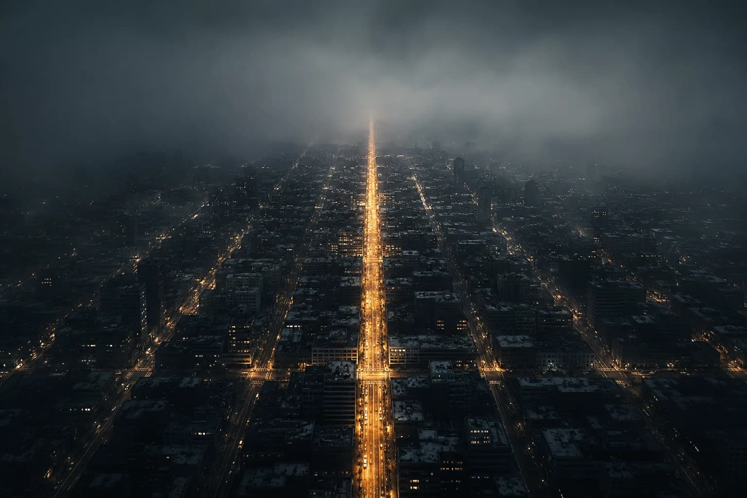 A single golden avenue cutting through fog
