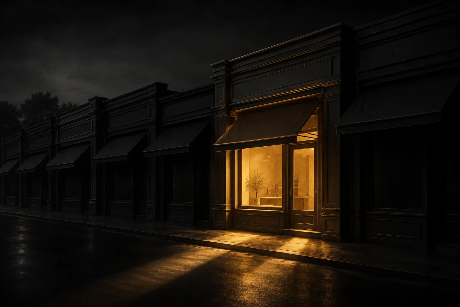 One lit storefront on a dark street