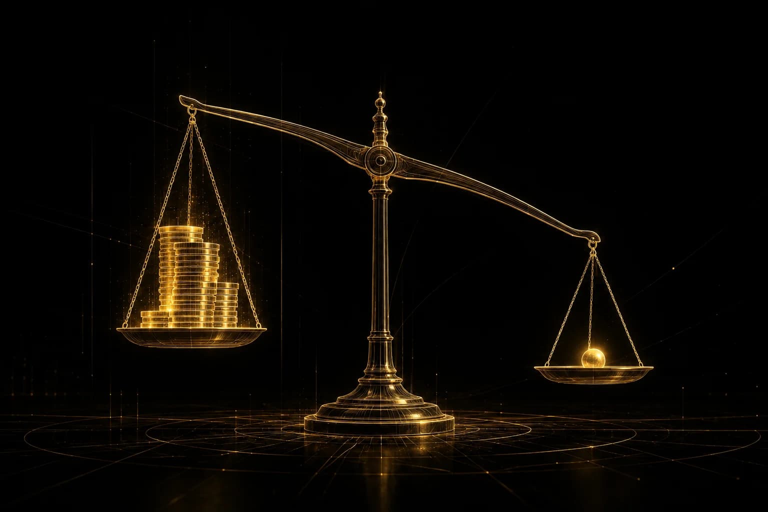 A golden balance scale straining under stacked coins against a single sphere