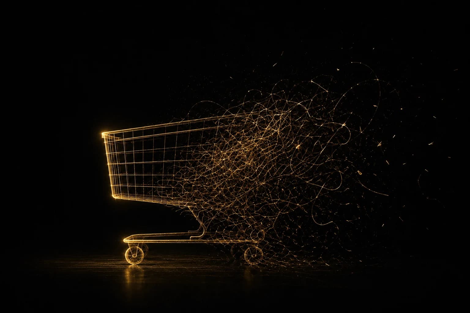 A gold wireframe cart crisp in front and unravelling into threads behind