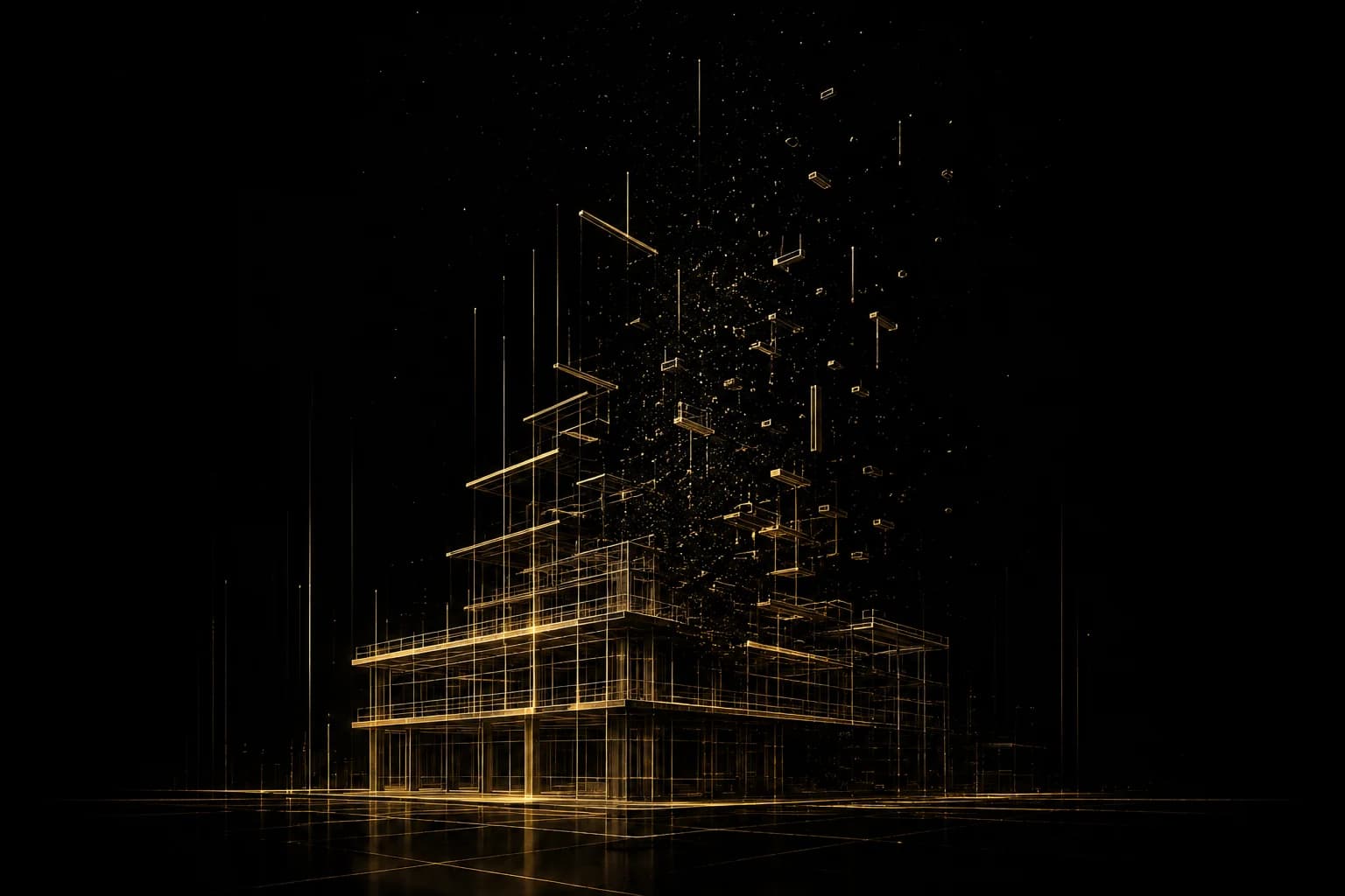 A gold wireframe structure solid at its base and breaking apart above