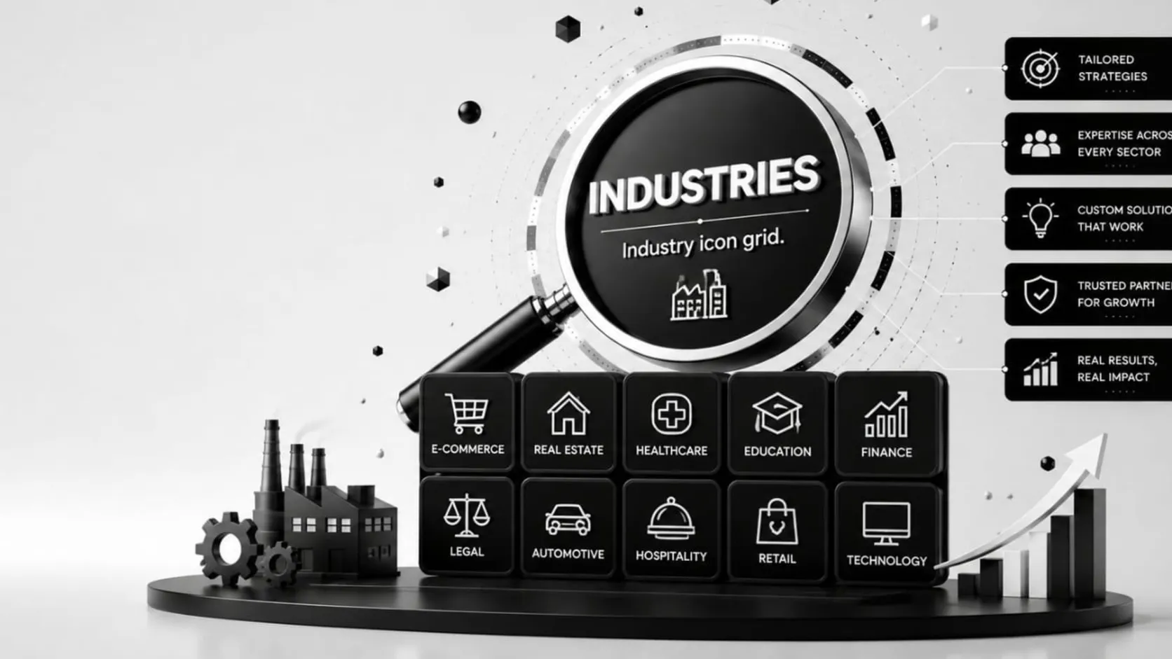 3D grid of industry icons from e-commerce to technology under an industries lens