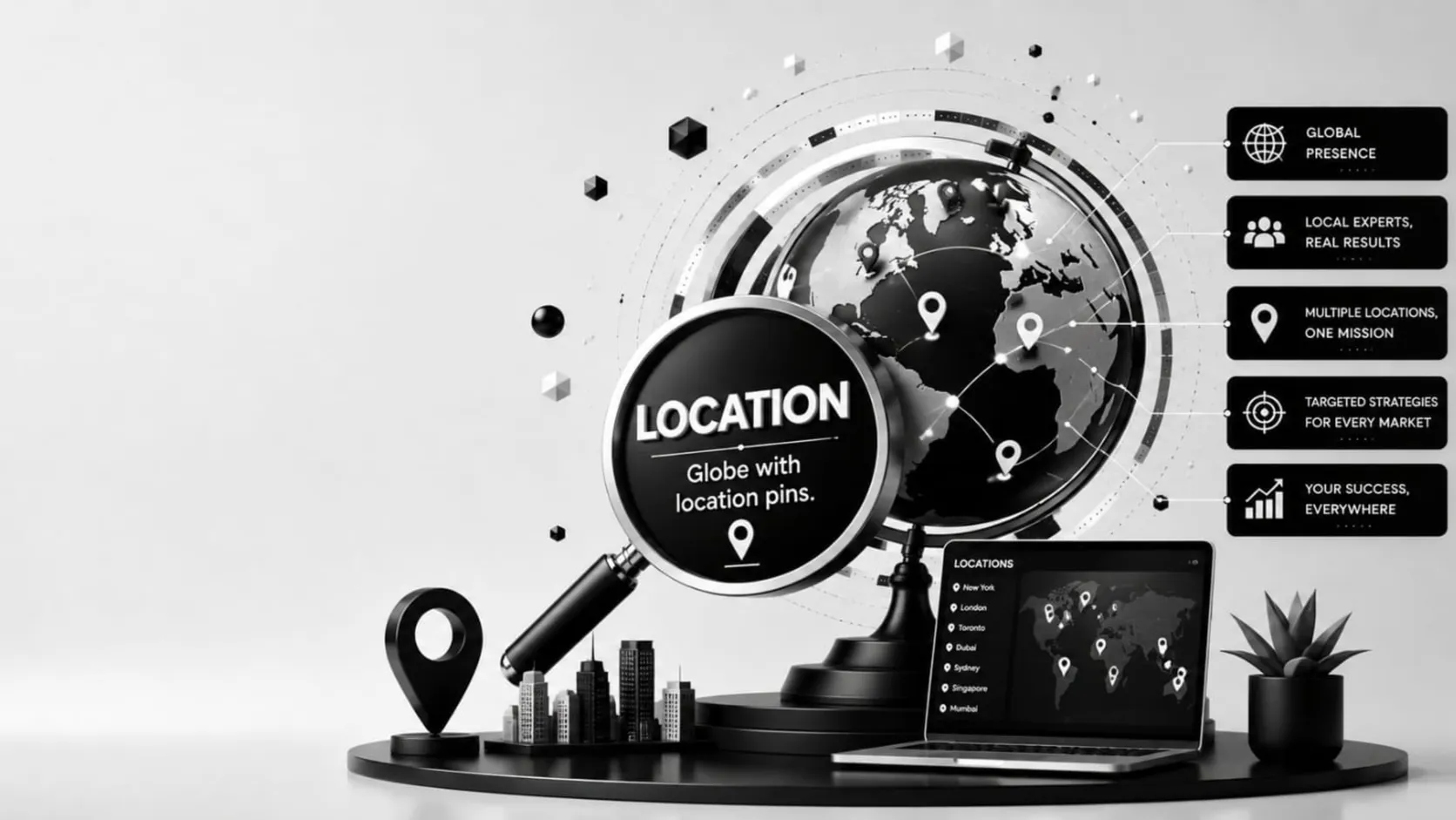 3D globe with location pins for global markets and a city-list laptop