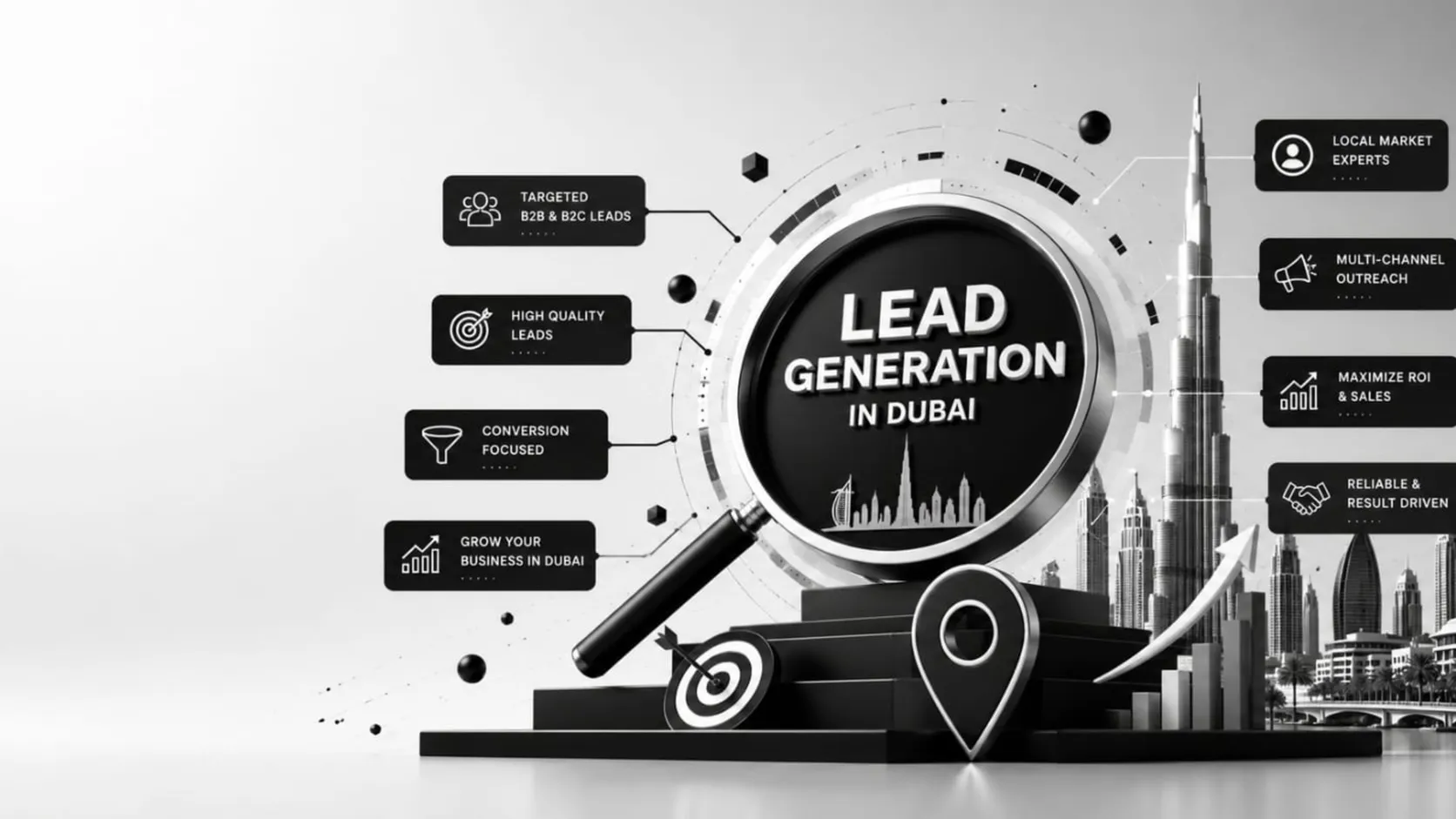 3D lead generation magnifier and target with the Burj Khalifa and Dubai skyline