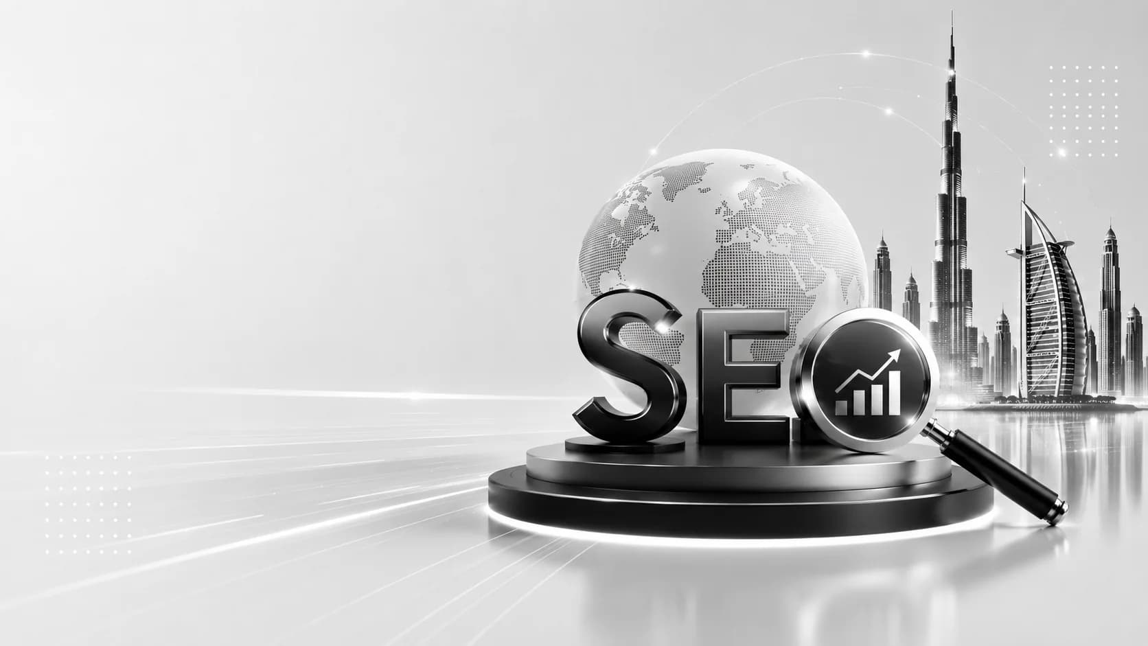 3D SEO globe in front of the Dubai skyline
