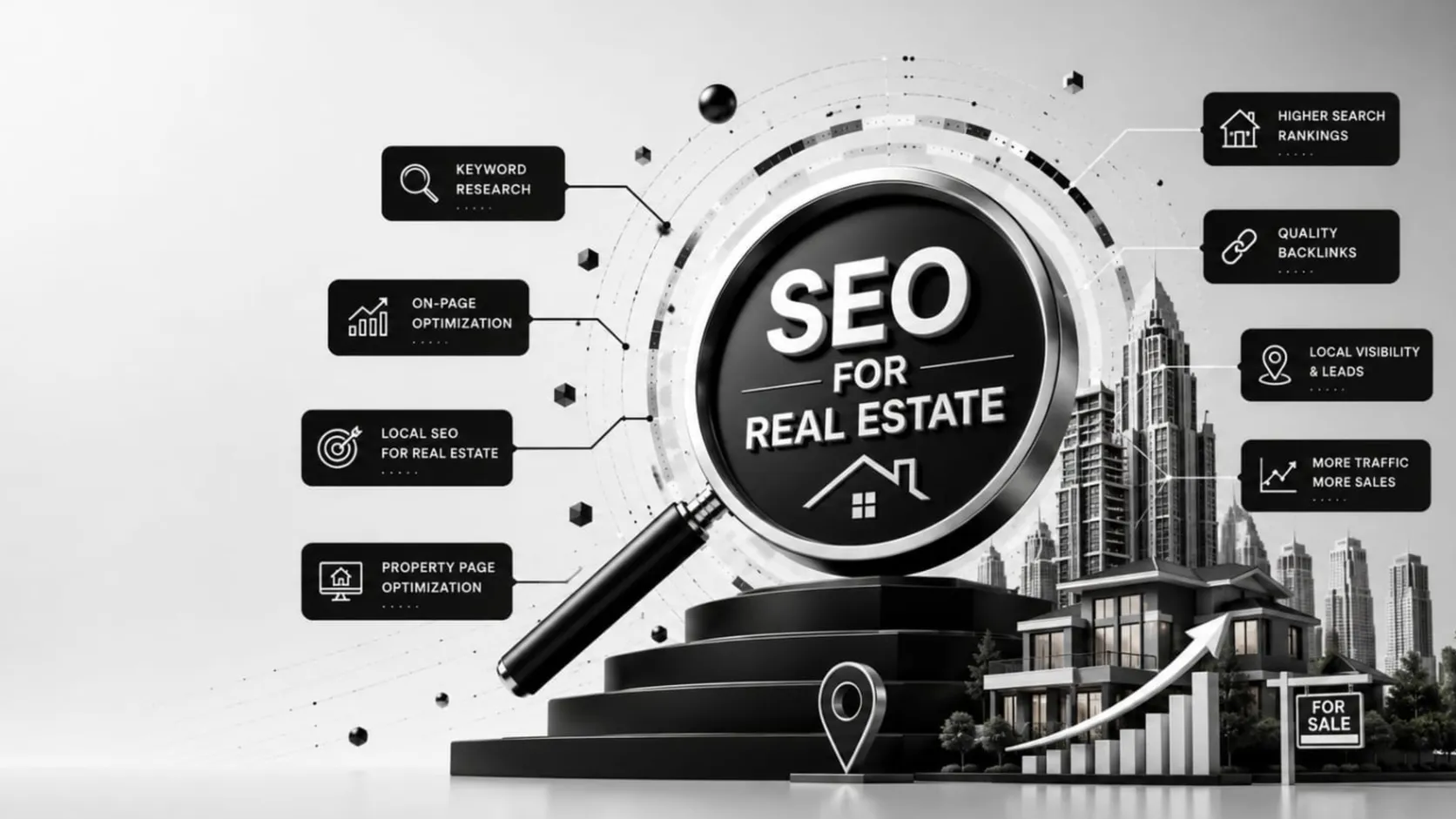 3D SEO magnifier over modern homes, towers and a for-sale sign