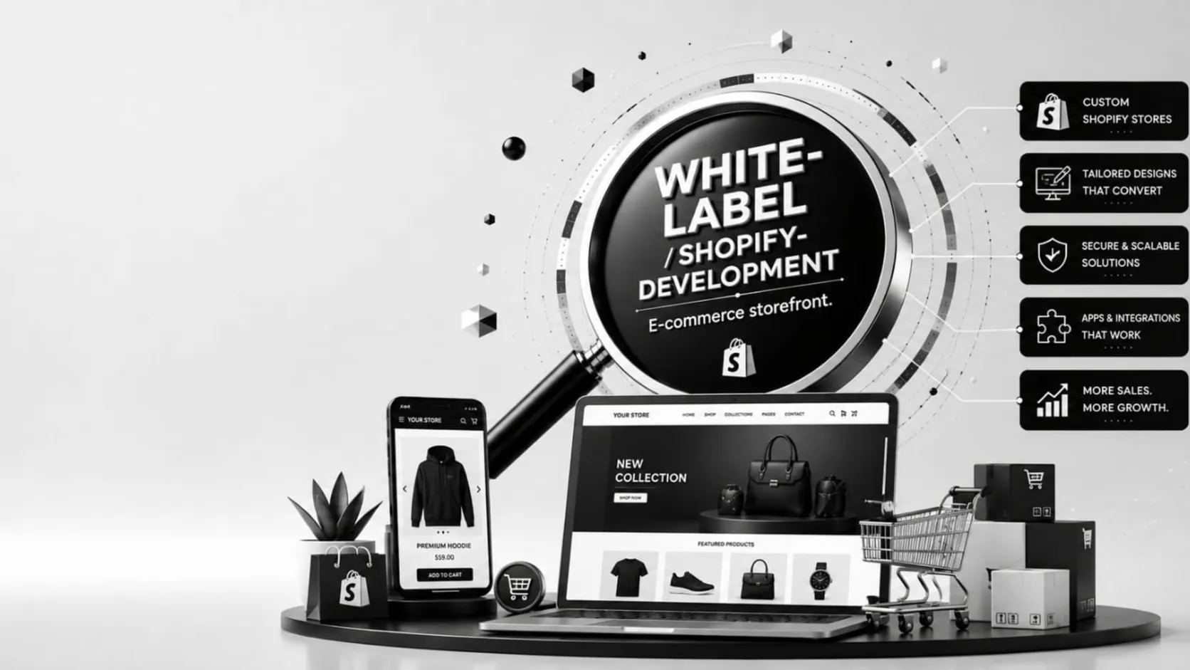 3D white-label Shopify storefront with cart, products and mobile shop