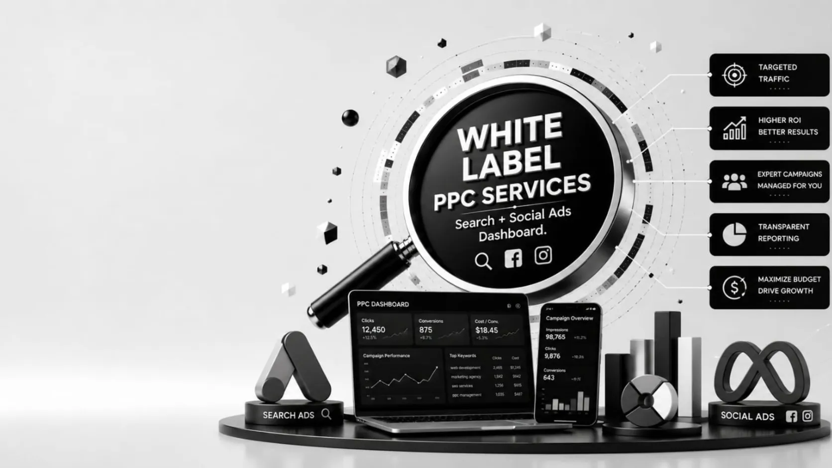 3D white-label PPC dashboard covering search and social ads