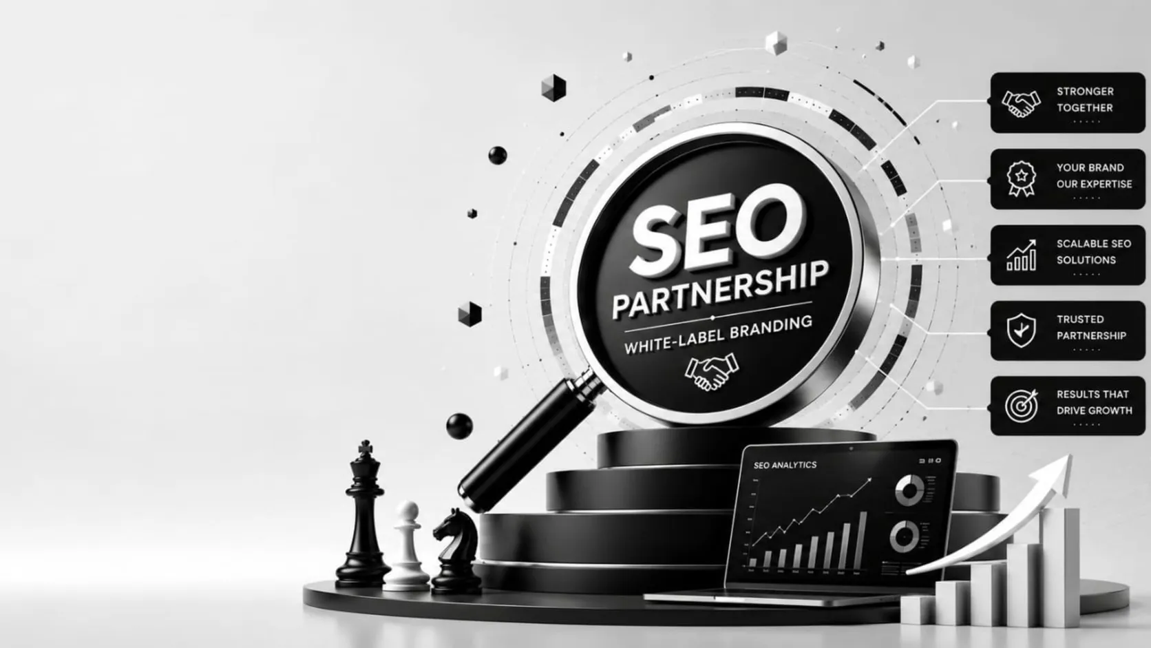 3D SEO partnership lens with chess pieces and white-label branding callouts
