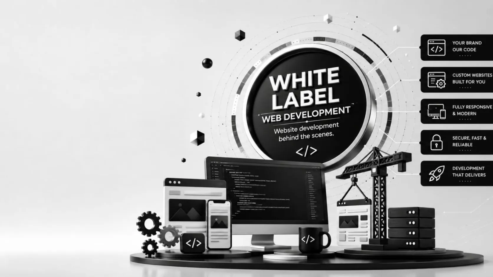 3D white-label web development scene with code screen, crane and devices