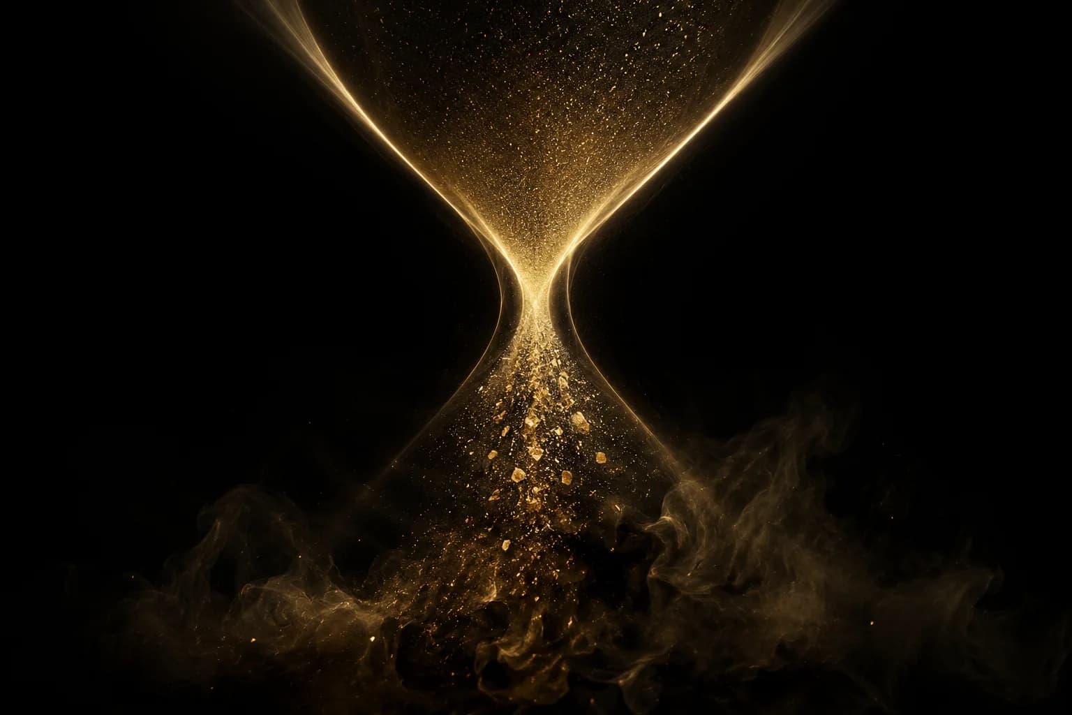 Golden sand dissolving through an hourglass of light