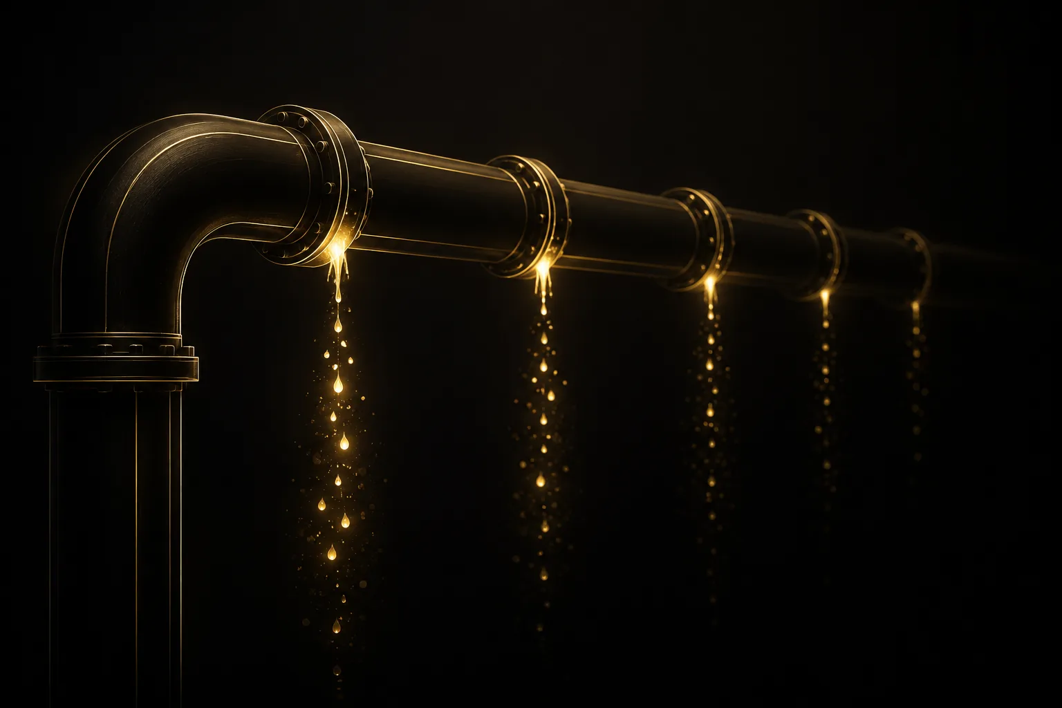 Golden light leaking from a dark pipeline