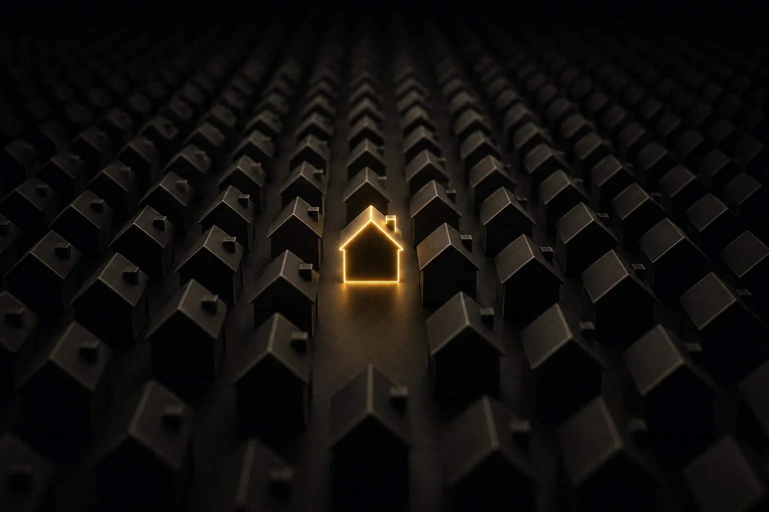 One golden house among identical dark rows