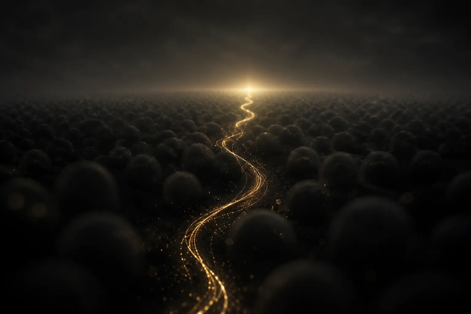 A golden thread of light weaving through a dark crowd