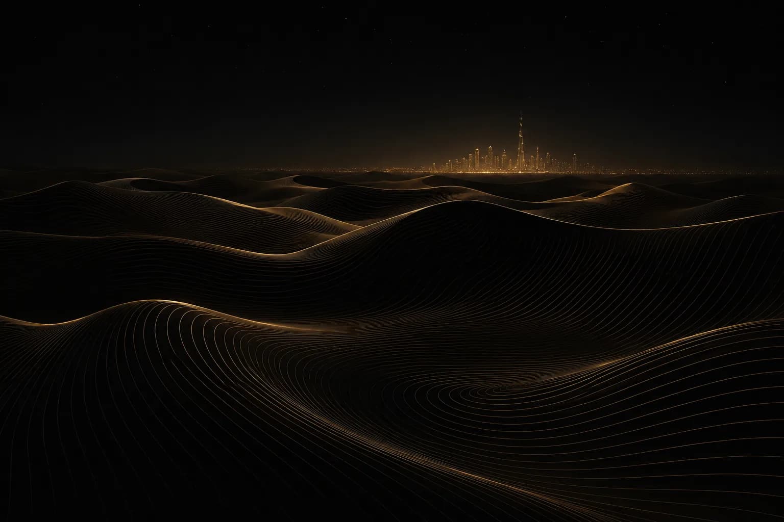 Desert dunes with a faint city glow on the horizon
