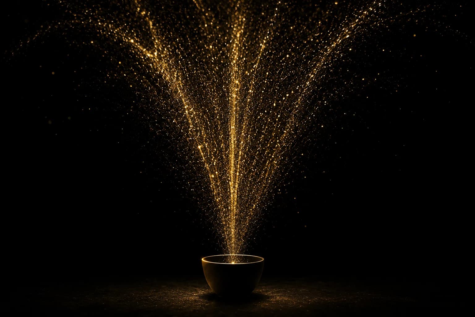 A golden fountain spraying wide into darkness above an almost empty vessel
