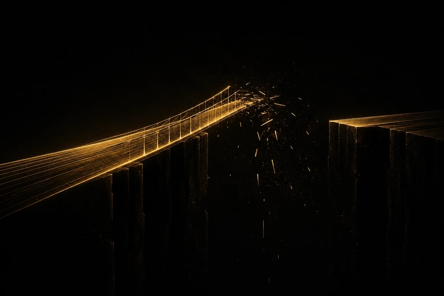 A golden bridge confident on approach and fracturing at midspan over a chasm